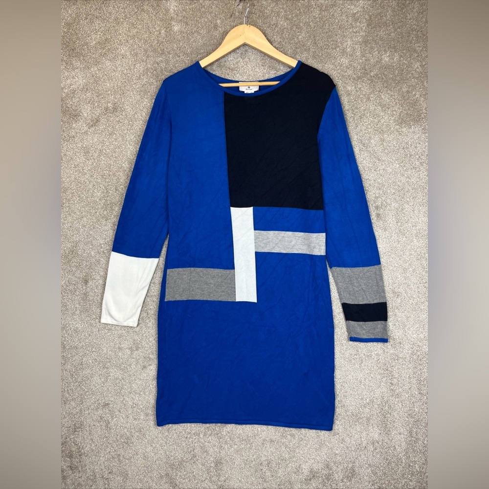 Rick Cardona Sweater Dress Womens 8 Blue Black Long Sleeve Stretch- 9361*
